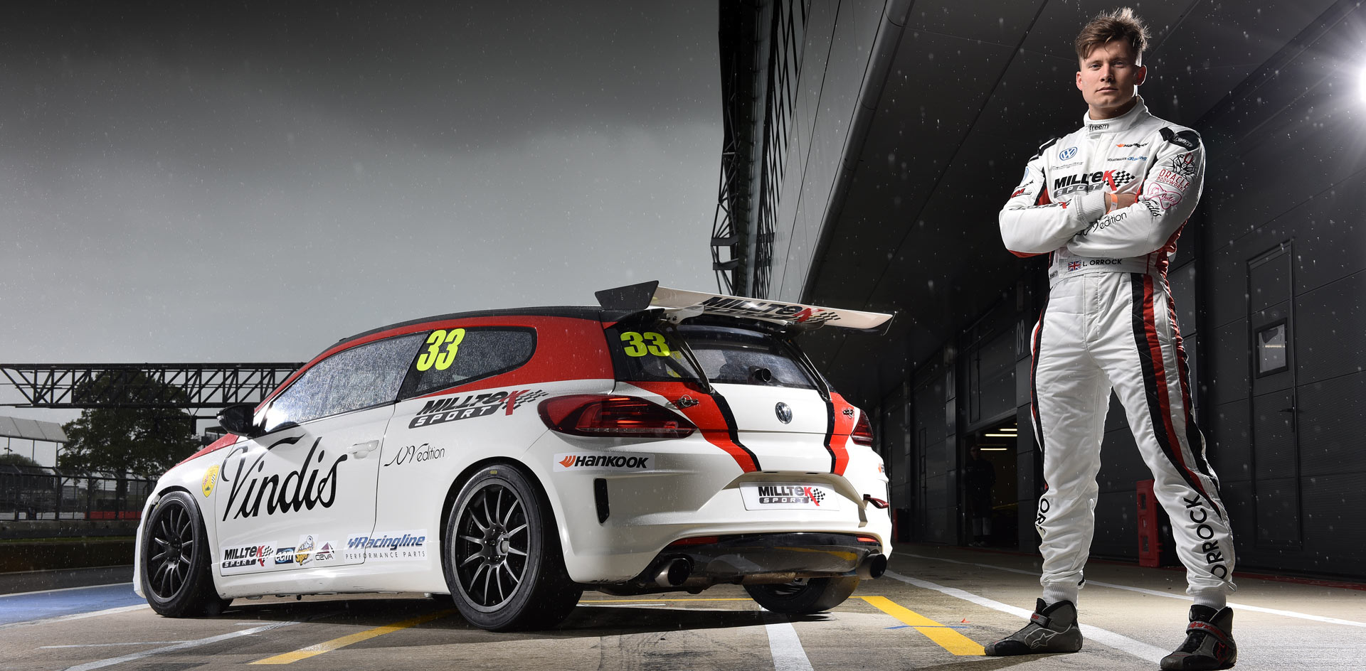 Lucas Orrock at Silverstone Race Circuit with his Milltek Sport-sponsored VW Scirocco Race Car